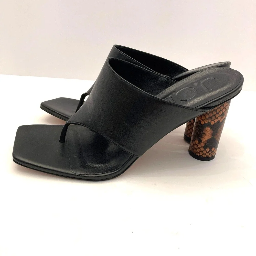 J. Crew Thong Sandals Open Toe High Heel Womens 9 Black Leather Snake‎ Print